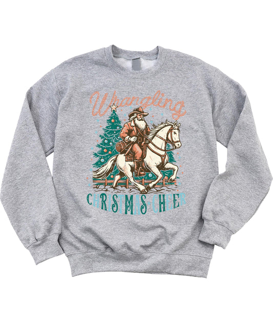 Wrangling Christmas Cheer Sweatshirt for Women Teens and Girls Cowboy Santa Holiday Sweater