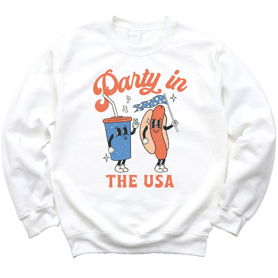 White crewneck sweatshirt with retro hot dog and drink Party In The USA graphic for 4th of July