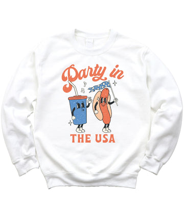 White crewneck sweatshirt with retro hot dog and drink Party In The USA graphic for 4th of July