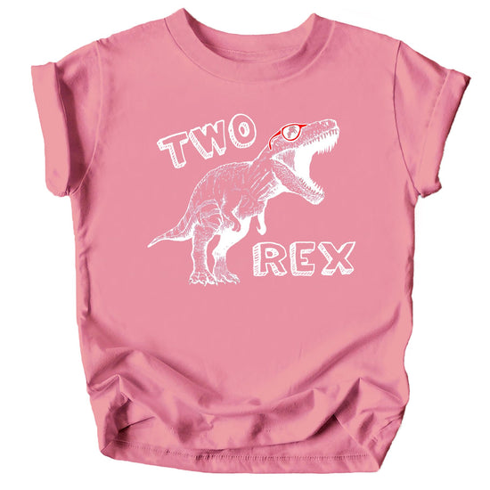 Mauve toddler birthday shirt with white dinosaur Two-Rex second birthday design