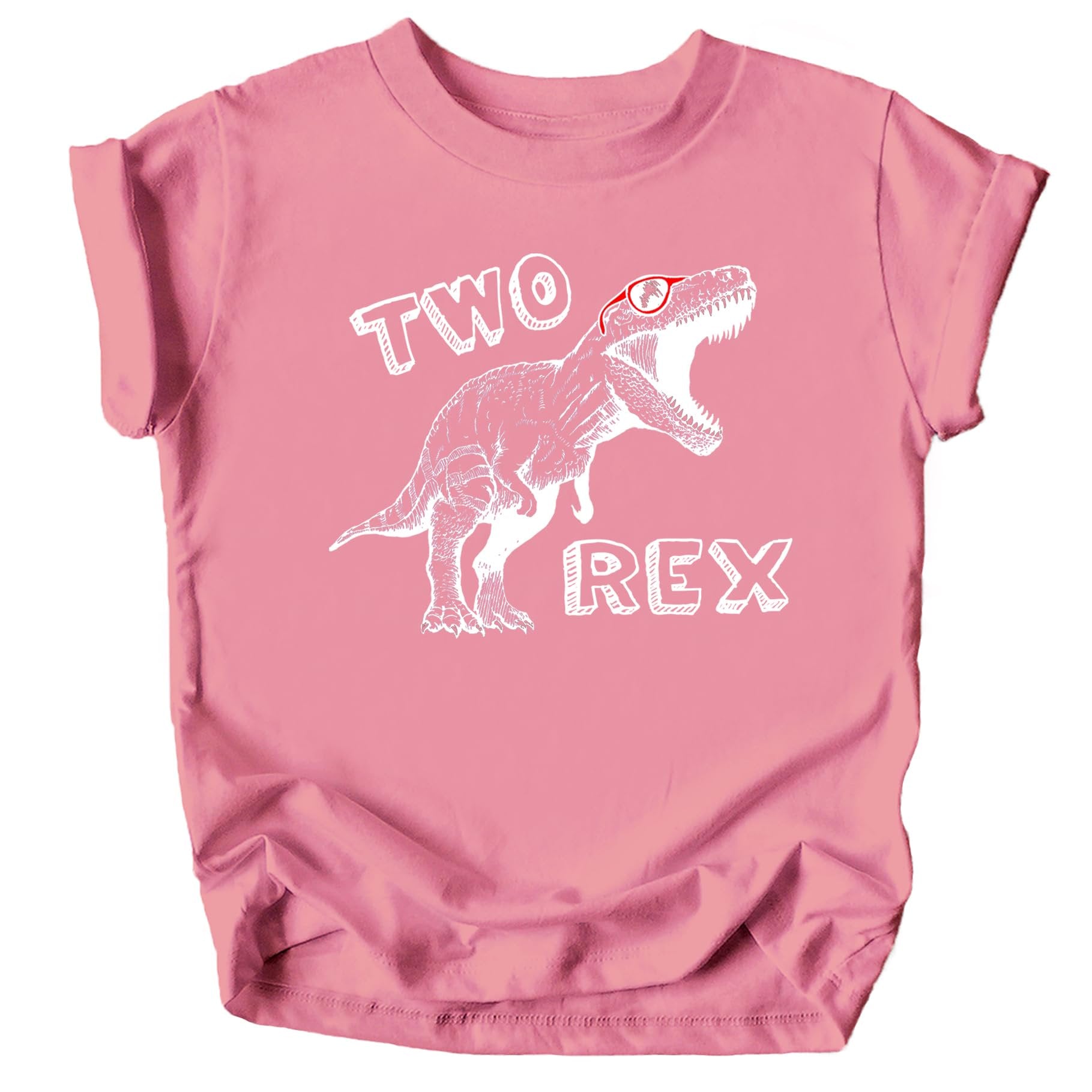 Mauve toddler birthday shirt with white dinosaur Two-Rex second birthday design