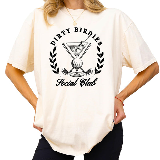 Women's Dirty Birdies Social Club golf t-shirt laid flat showing full graphic print detail