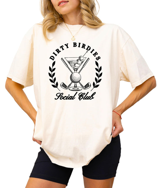 Women's Dirty Birdies Social Club golf t-shirt laid flat showing full graphic print detail