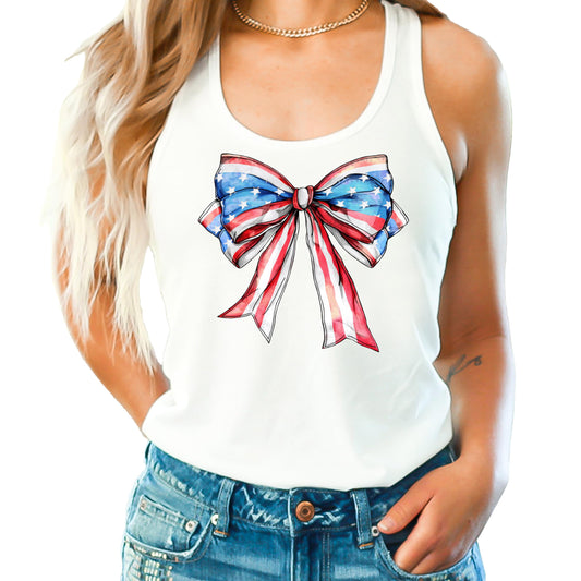 Front view of coquette USA flag bow graphic tank top for women and teens