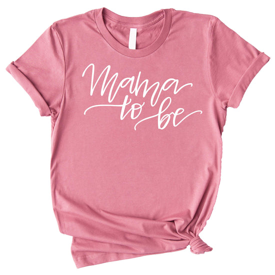 Close-up of Mama to Be pregnancy shirt graphic, crisp professional print on soft fabric