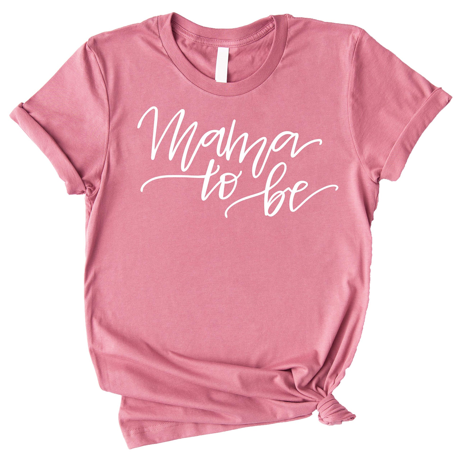 Close-up of Mama to Be pregnancy shirt graphic, crisp professional print on soft fabric