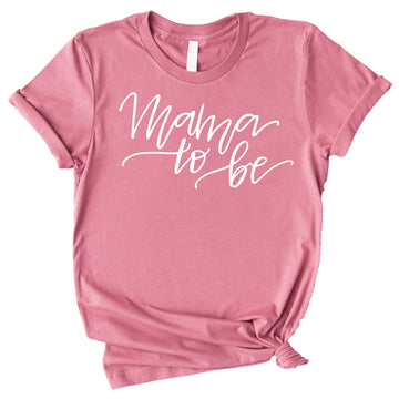 Close-up of Mama to Be pregnancy shirt graphic, crisp professional print on soft fabric