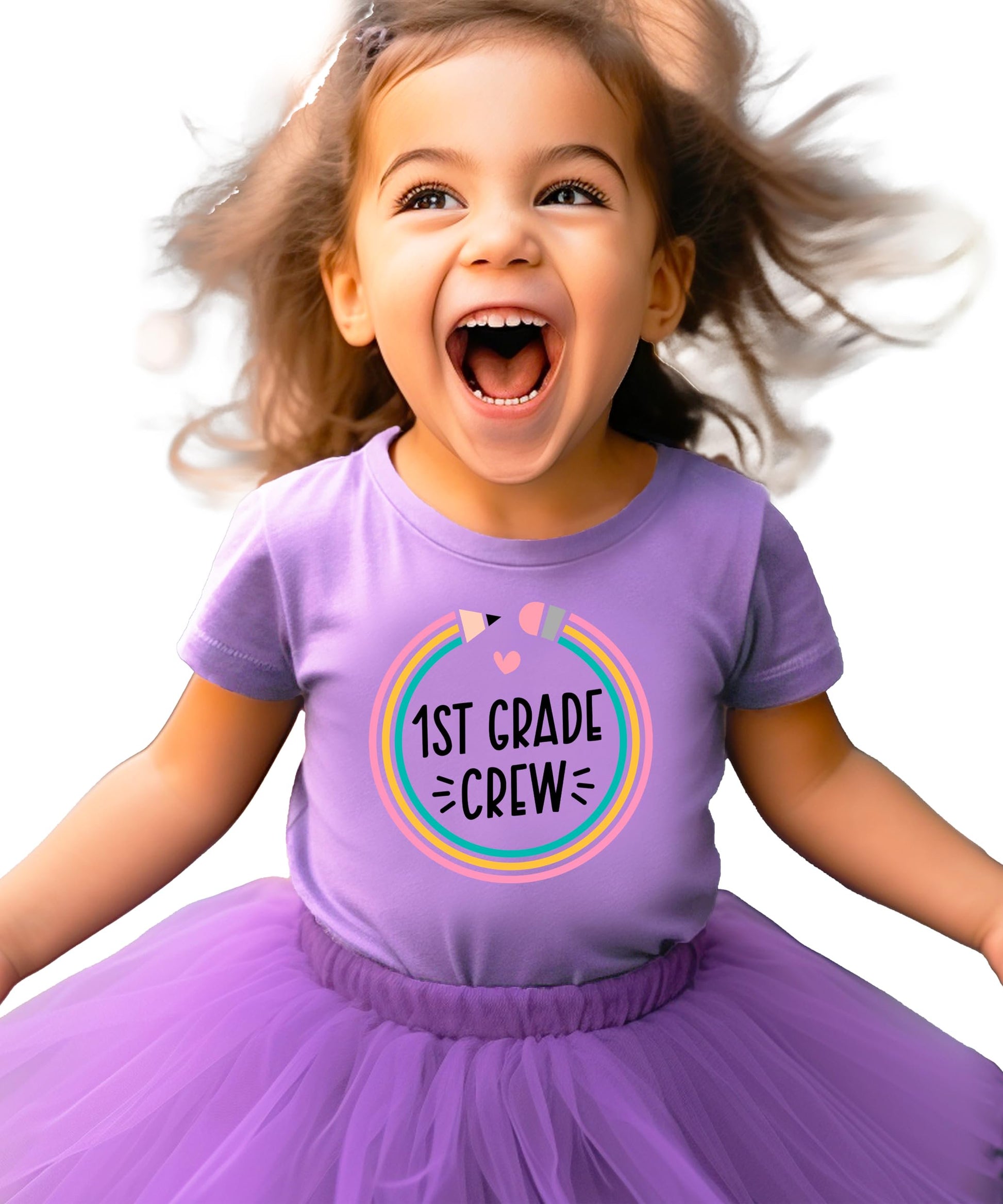 Child wearing 1st grade pencil crew shirt on first day of school