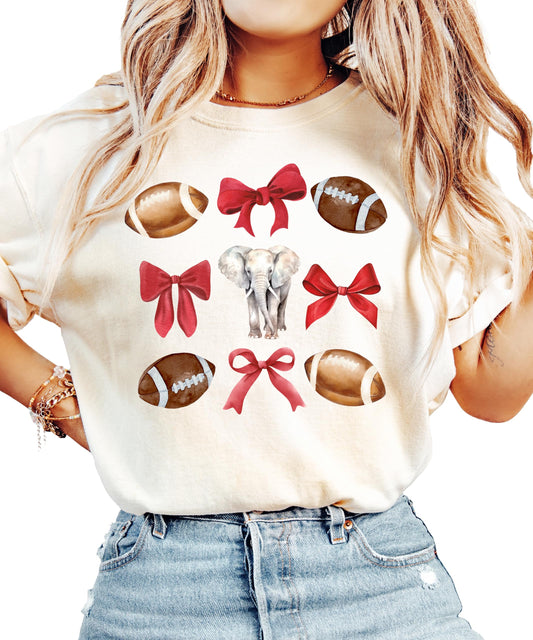 Elephant Football Mascot Shirt for Women and Teens Red Bows and Footballs Elephants Fan Tee
