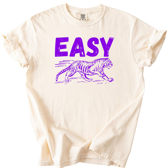 Easy Tiger women's graphic t-shirt in ivory with bold purple tiger print, lifestyle shot