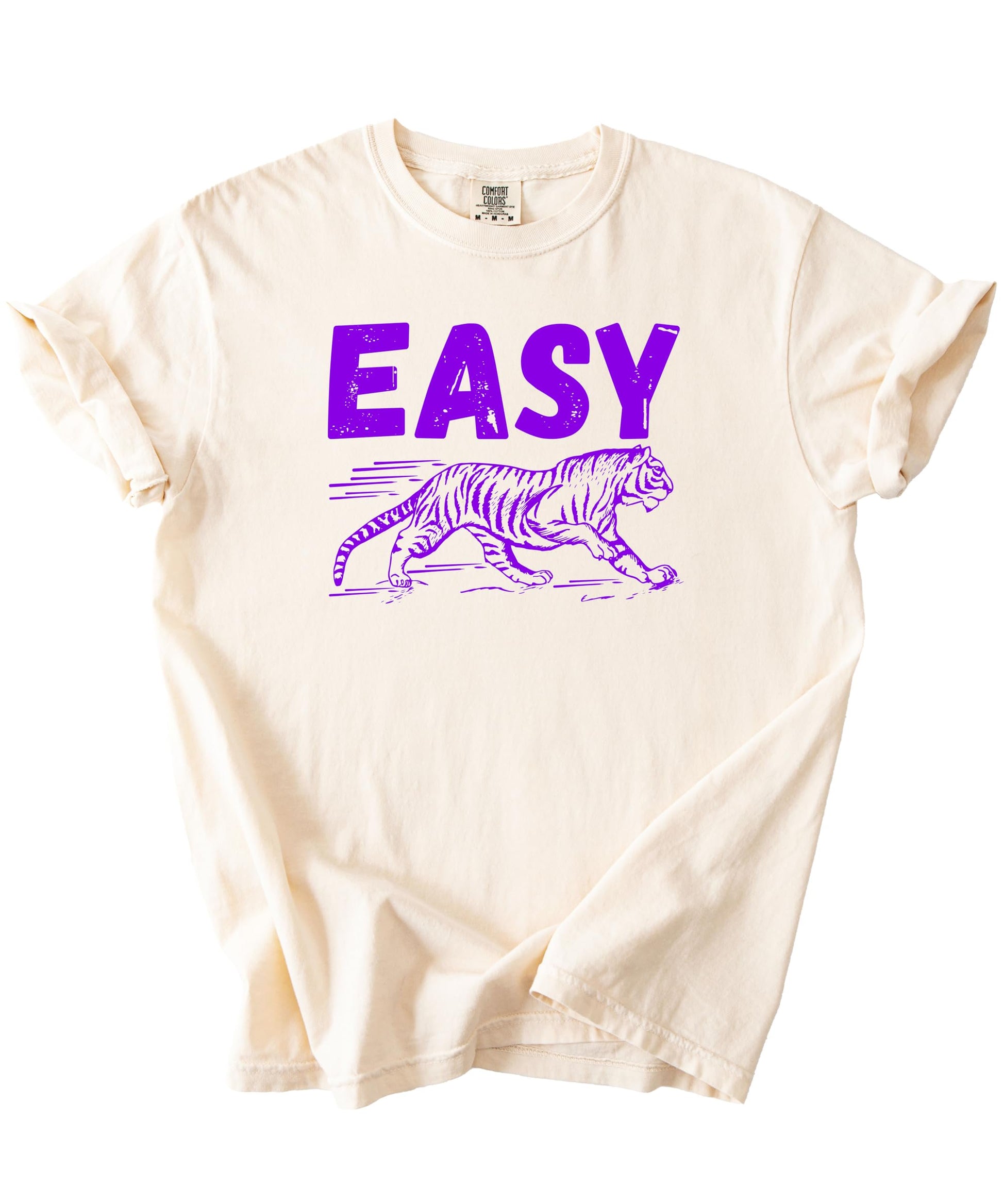 Easy Tiger women's graphic t-shirt in ivory with bold purple tiger print, lifestyle shot