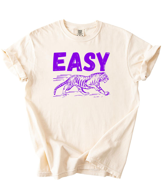 Easy Tiger women's graphic t-shirt in ivory with bold purple tiger print, lifestyle shot