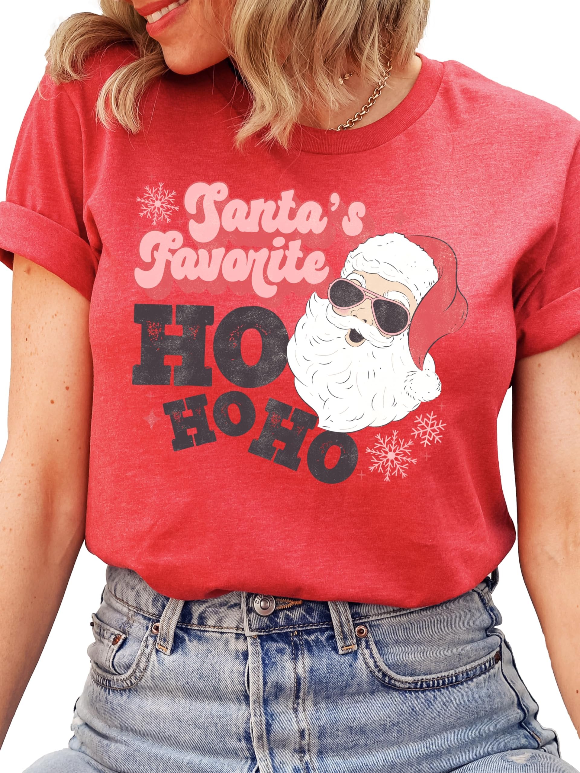 Women modeling Santa's Favorite Ho Ho Ho funny Christmas shirt in a relaxed casual holiday style
