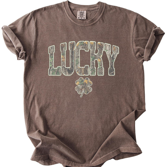 Front view of lucky camo St. Patrick's Day shirt showing Irish shamrock clover print detail