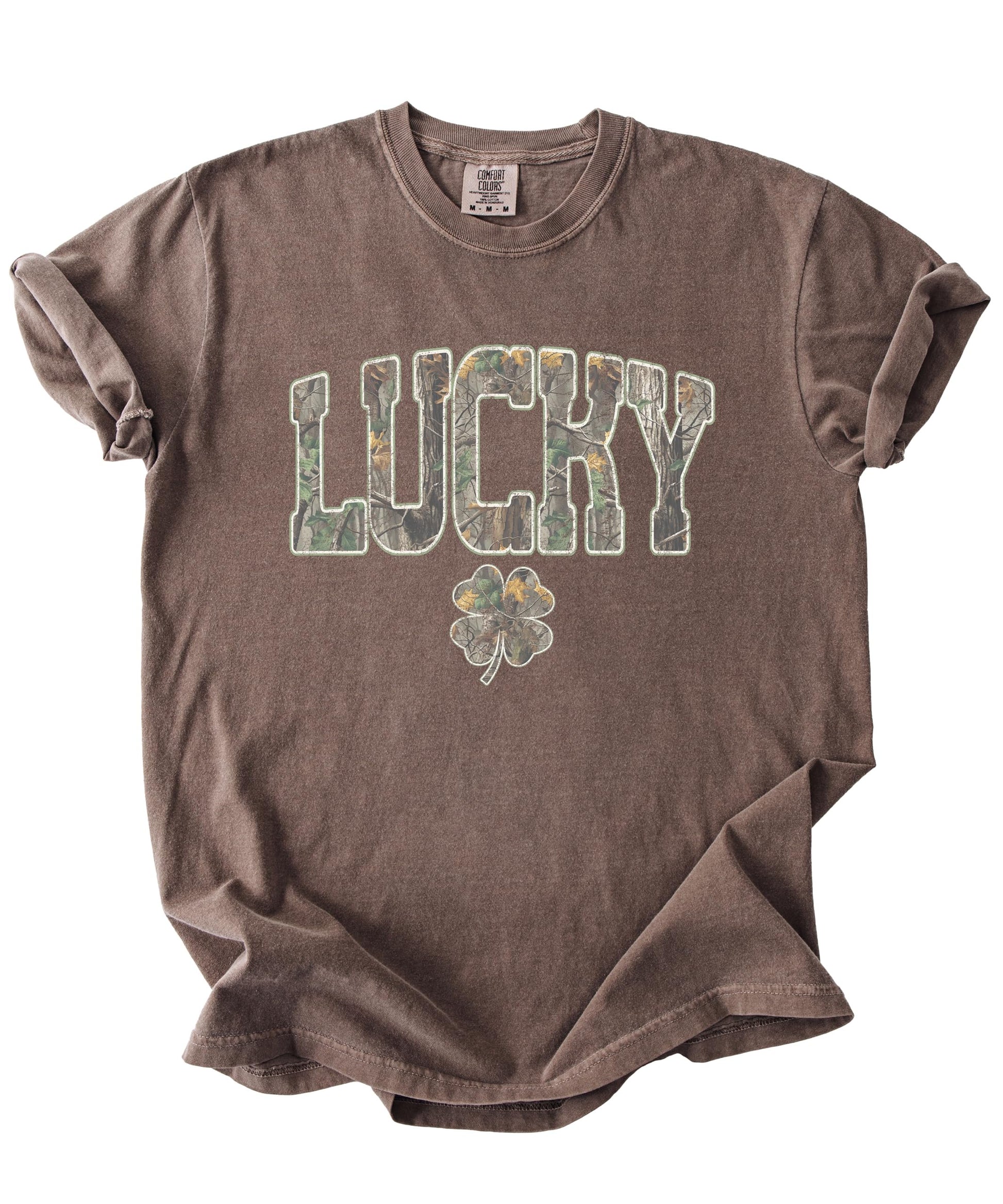Front view of lucky camo St. Patrick's Day shirt showing Irish shamrock clover print detail