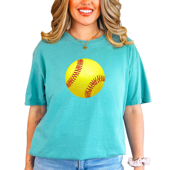 Detail shot of high-quality faux glitter softball print on soft ivory women's tee