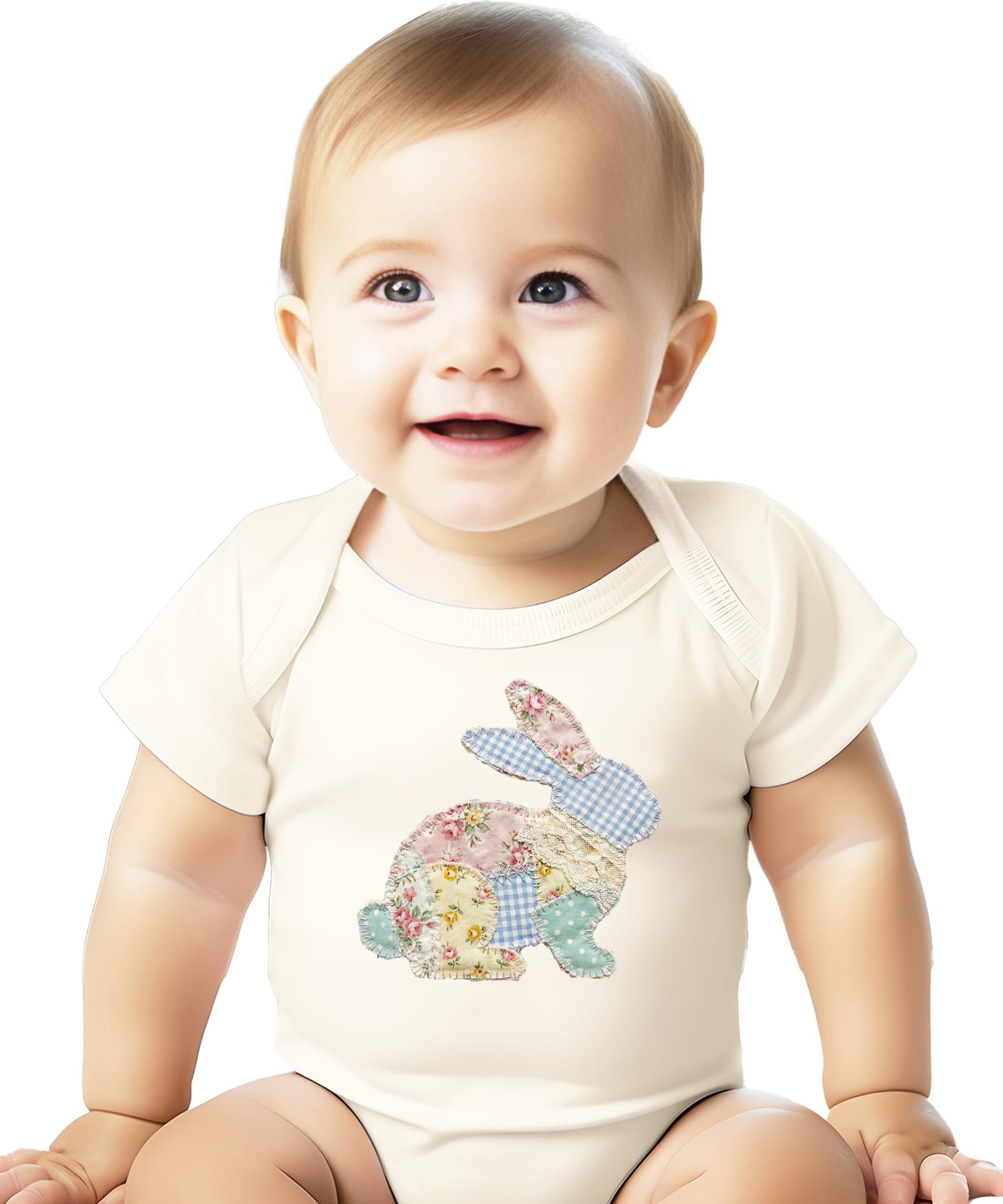 Detail shot of ink-printed faux patchwork floral bunny design on infant bodysuit