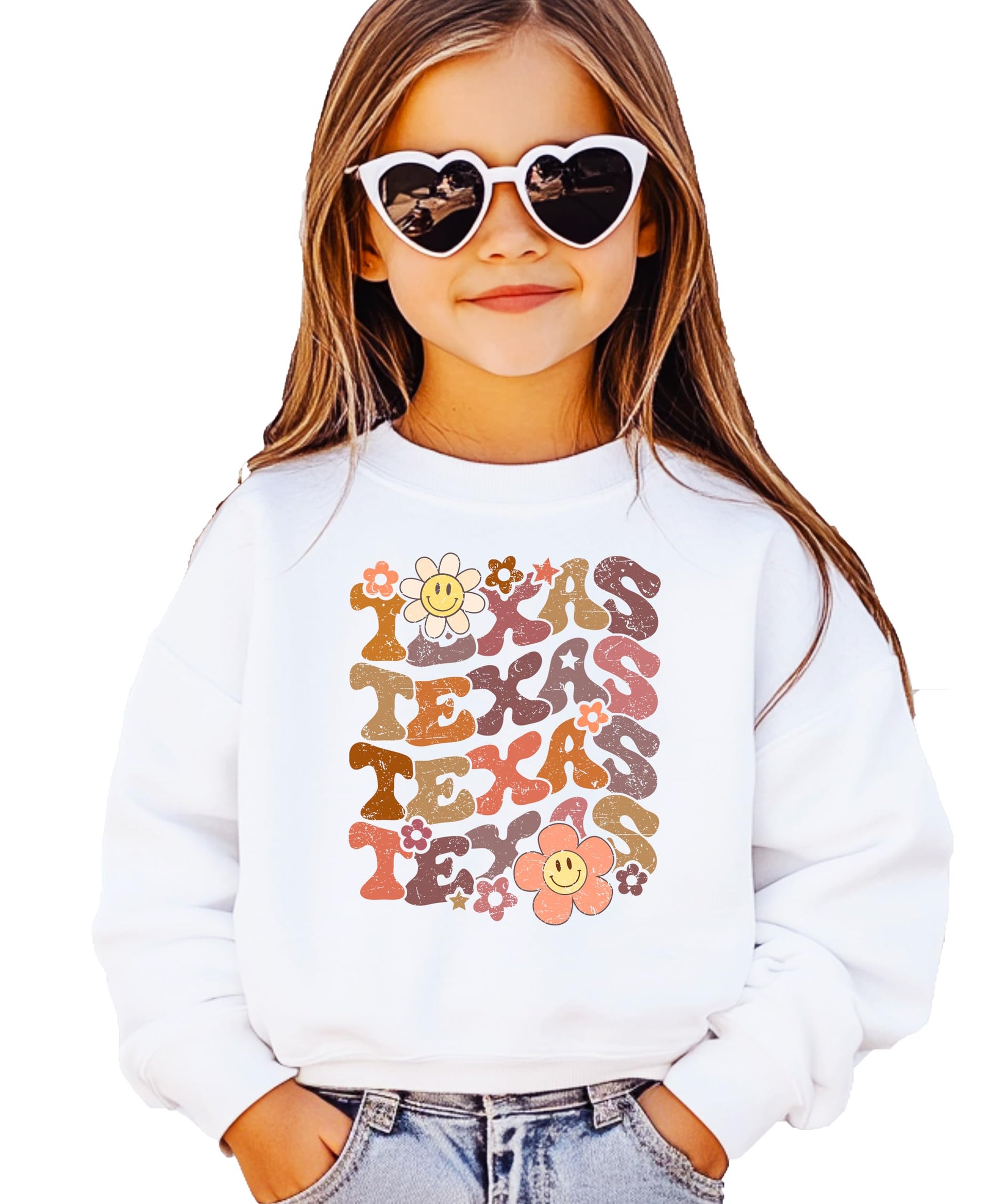 Close-up of retro groovy Texas text with smiley face flowers on sweatshirt