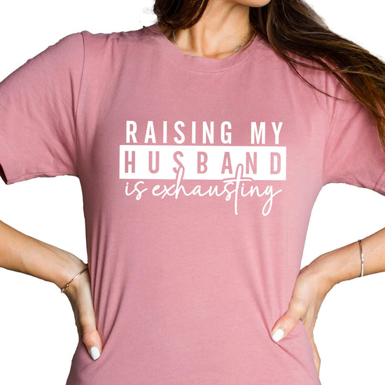 Detail shot of professional graphic print on heather blue women's funny wife t-shirt
