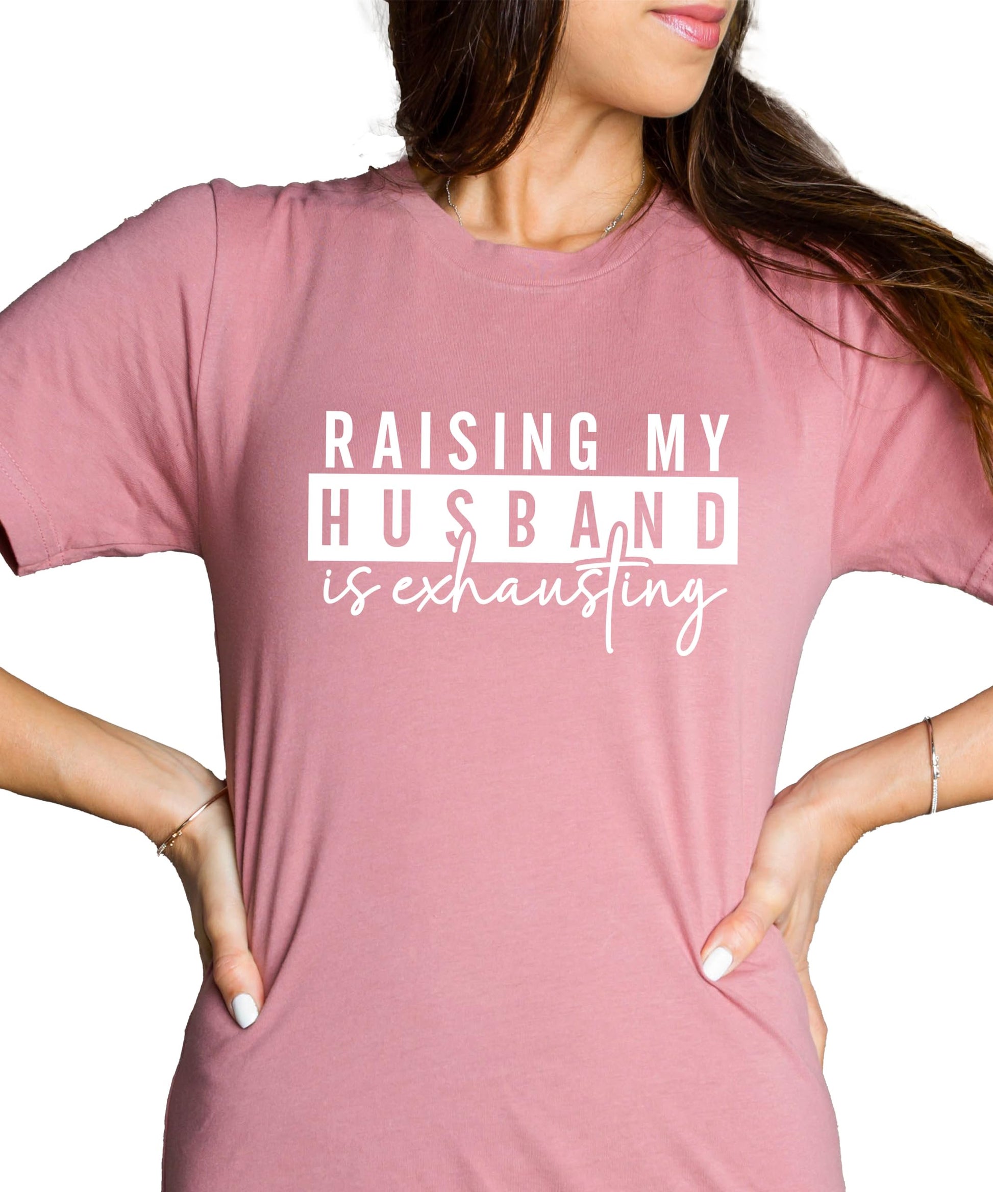Detail shot of professional graphic print on heather blue women's funny wife t-shirt