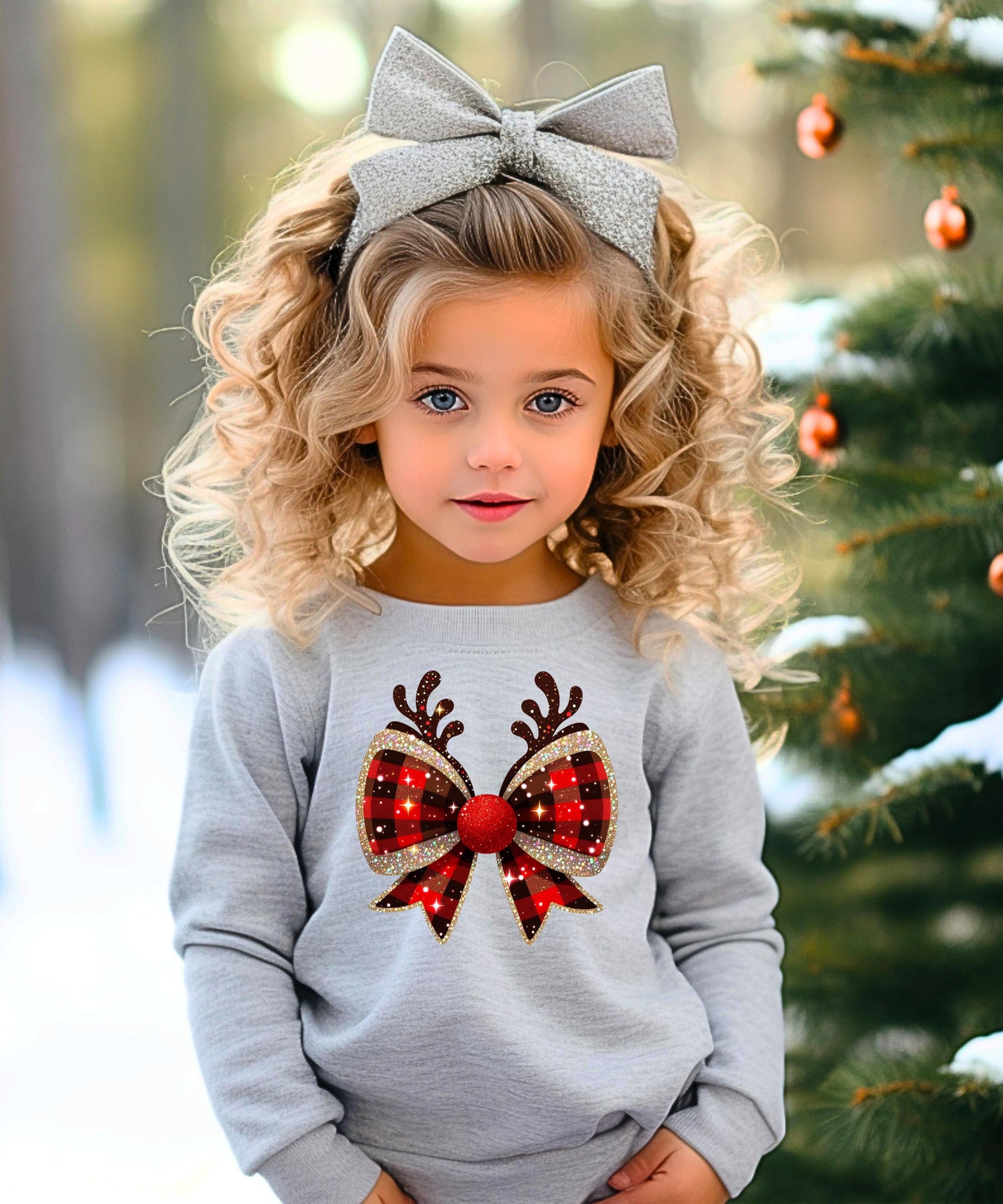 Back or side view of red and black buffalo check Christmas bow tee for women and kids