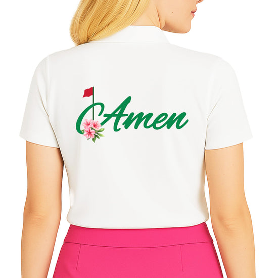 Close-up of Amen golf polo showing detailed floral accent and script lettering