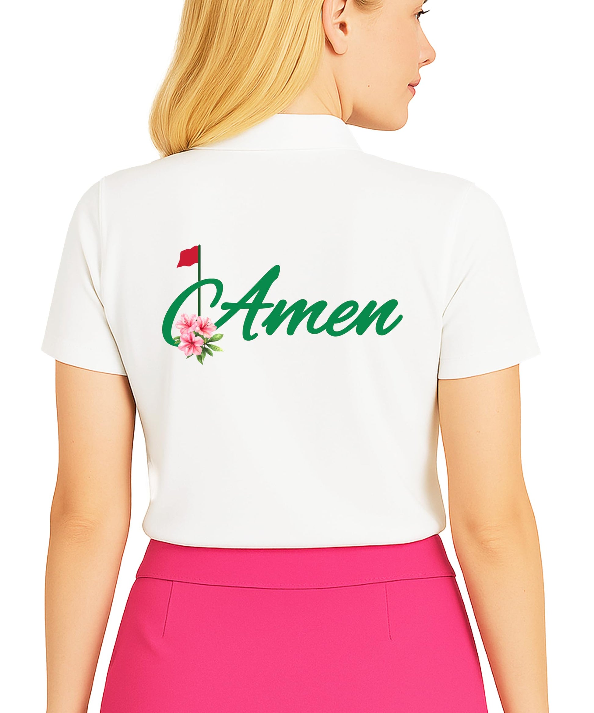 Close-up of Amen golf polo showing detailed floral accent and script lettering
