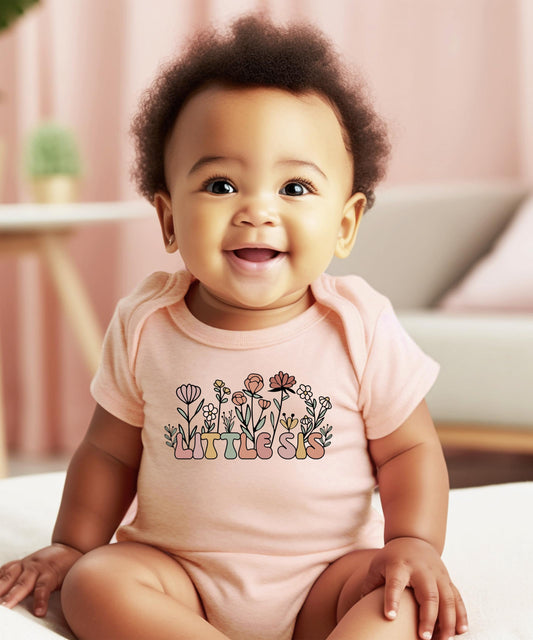 Floral Little Sister Bodysuit for Baby Girls Spring Baby Reveal Flowers Boho New Baby One-Piece