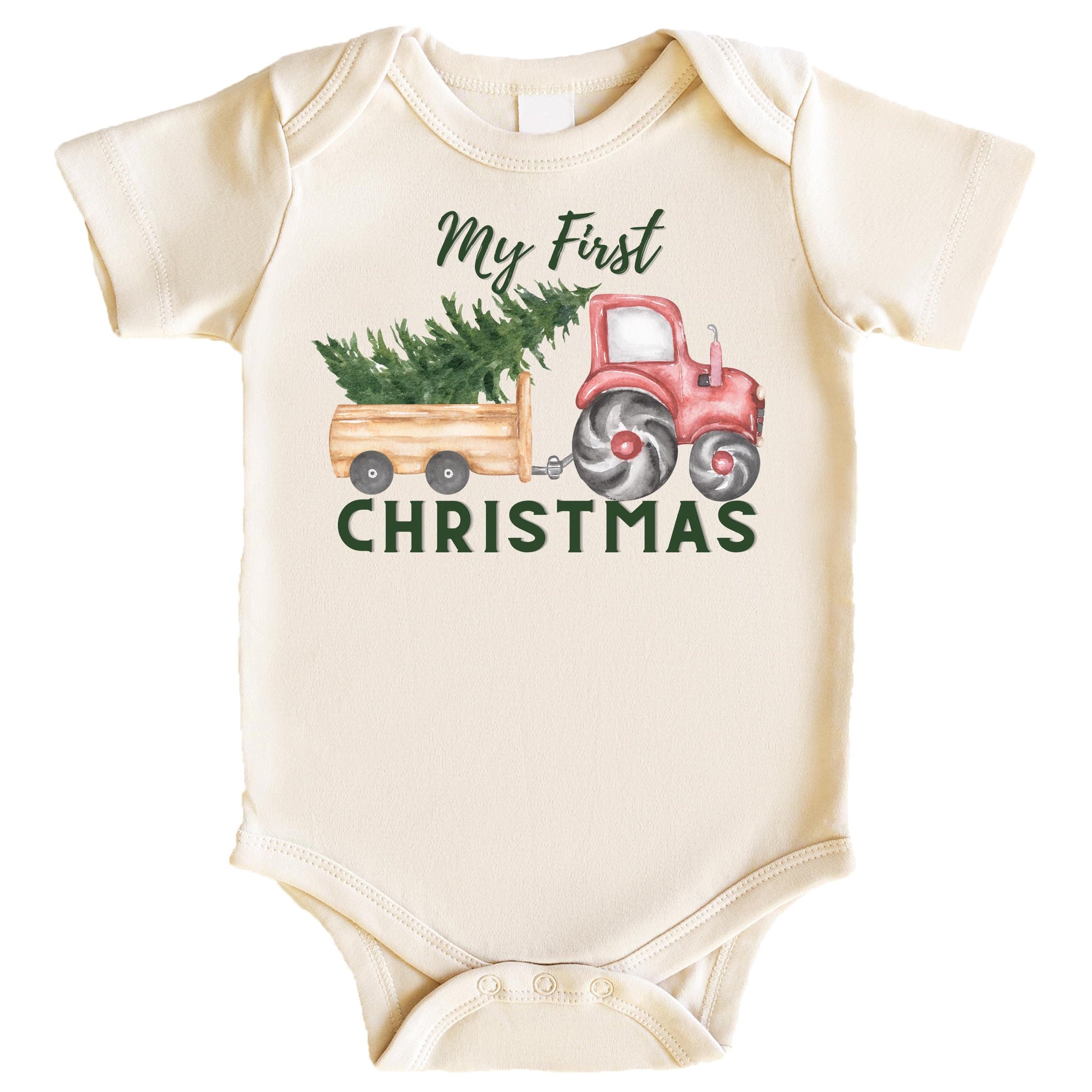 Natural-tone baby bodysuit with festive tractor and Christmas tree graphic for baby boy's first Christmas