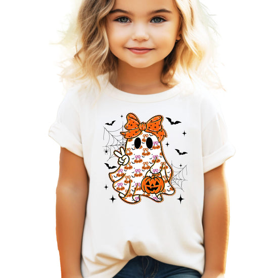 Kids natural color t-shirt with a cute girly ghost and orange bow Halloween graphic print