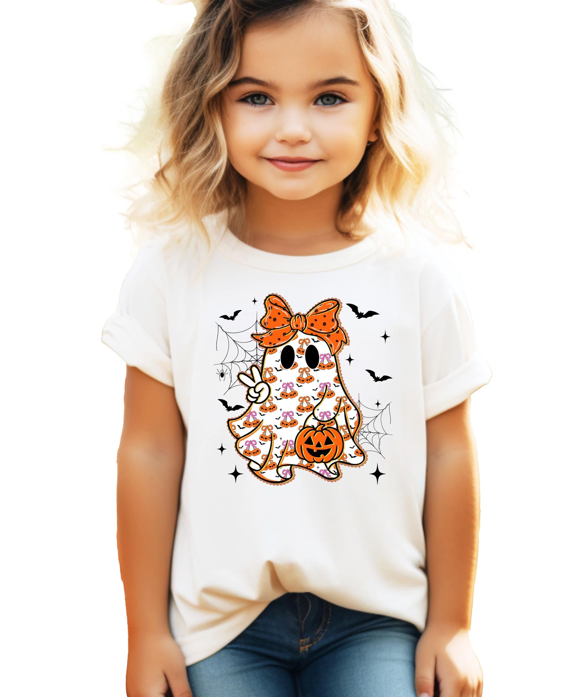 Kids natural color t-shirt with a cute girly ghost and orange bow Halloween graphic print