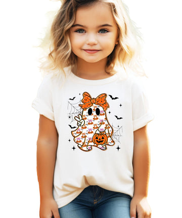 Kids natural color t-shirt with a cute girly ghost and orange bow Halloween graphic print