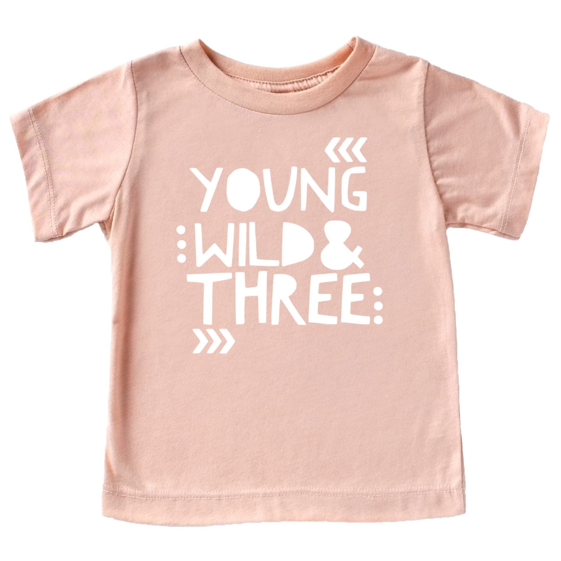 Back view of peach toddler birthday shirt with Young Wild and Three design