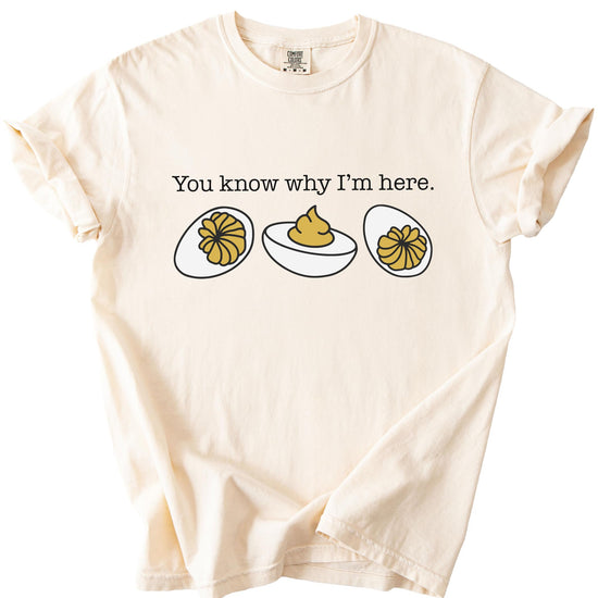 Lifestyle photo of person wearing funny deviled egg t-shirt