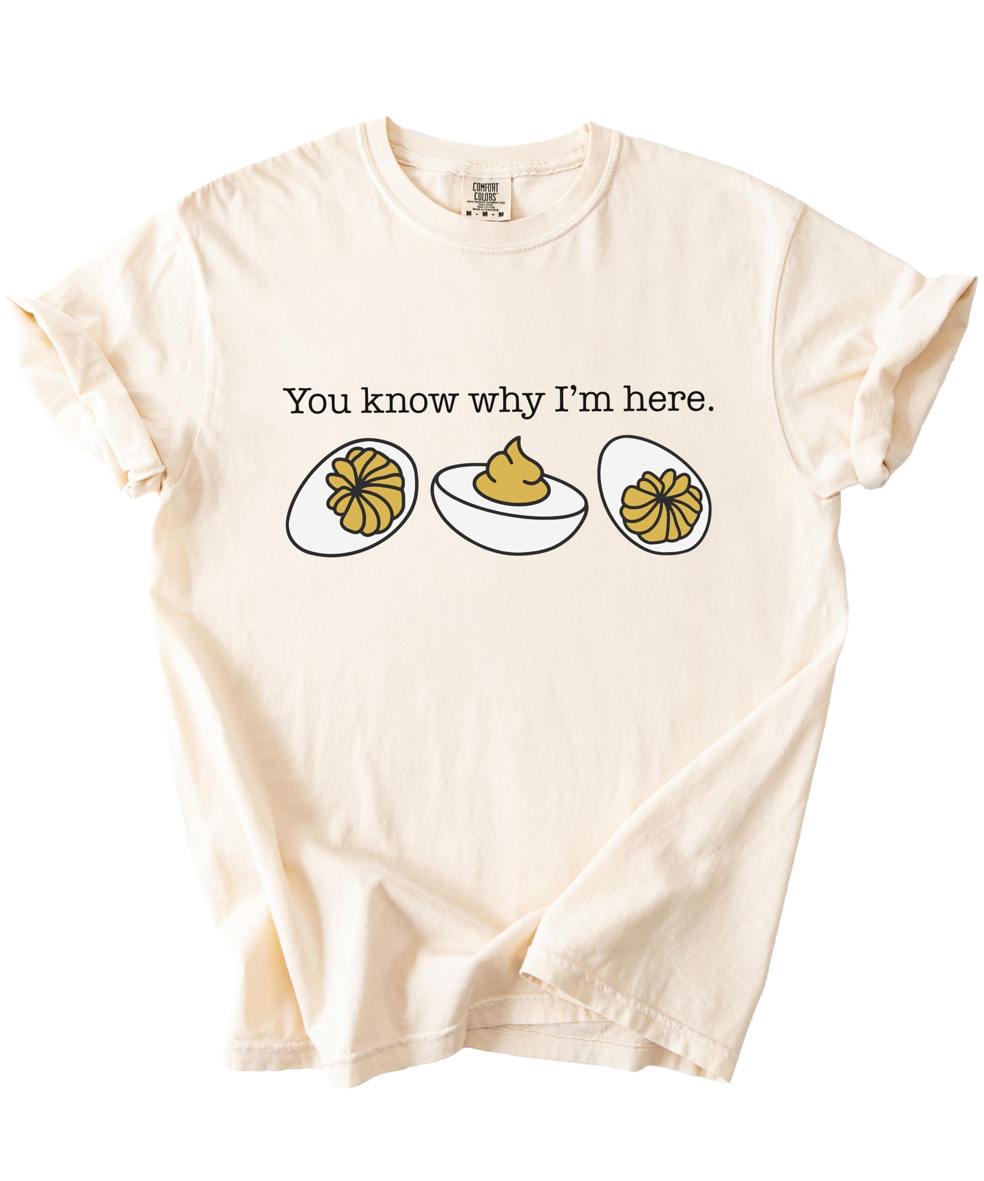 Lifestyle photo of person wearing funny deviled egg t-shirt