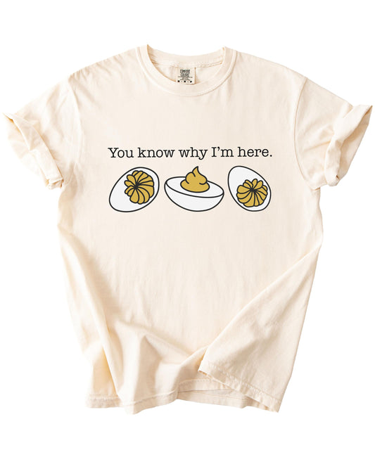Lifestyle photo of person wearing funny deviled egg t-shirt