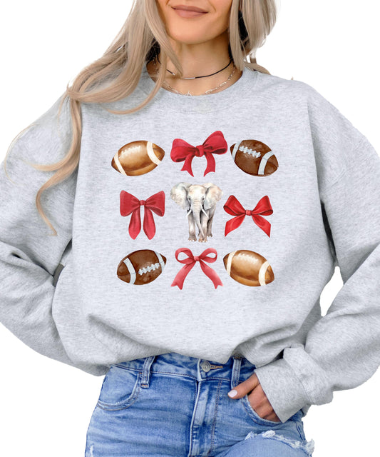 Elephant Mascot Sweatshirt for Women Teens & Girls Crimson Red Bows and Footballs Pullover