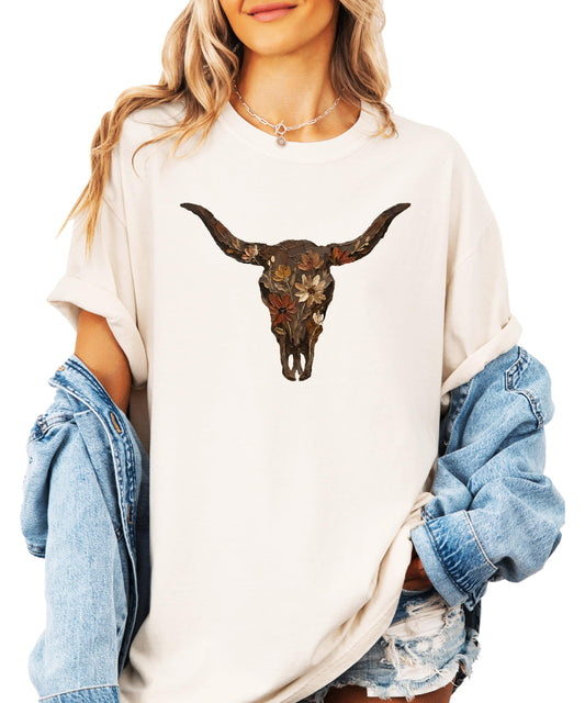 Back view of western longhorn skull graphic t-shirt showing fit and style