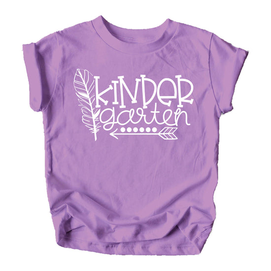 Kindergarten Squad boho shirt for toddler girls shown flat lay on pink background