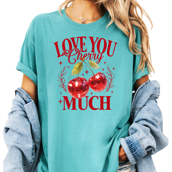 Side view of women's Valentine's Day disco cherry shirt showing fit and fabric