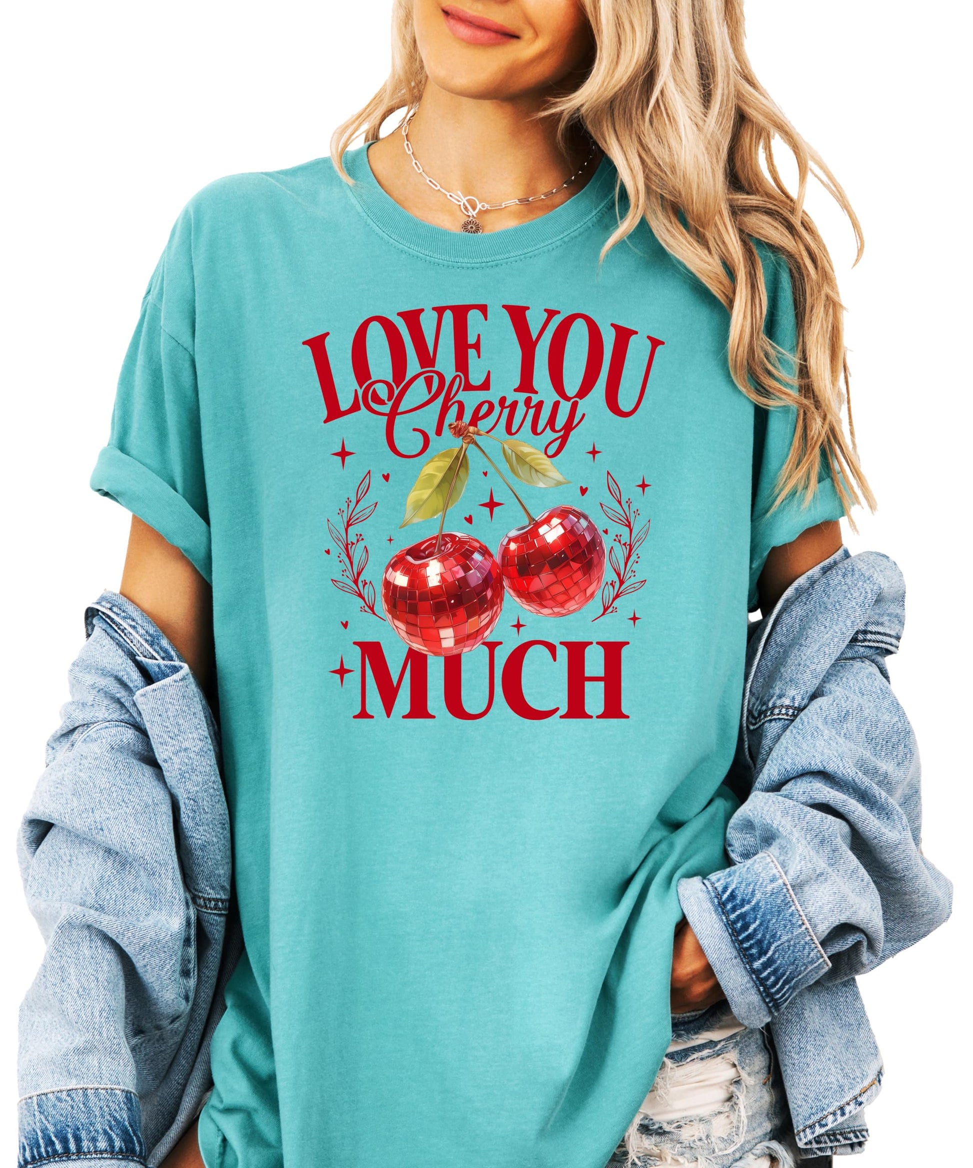 Side view of women's Valentine's Day disco cherry shirt showing fit and fabric