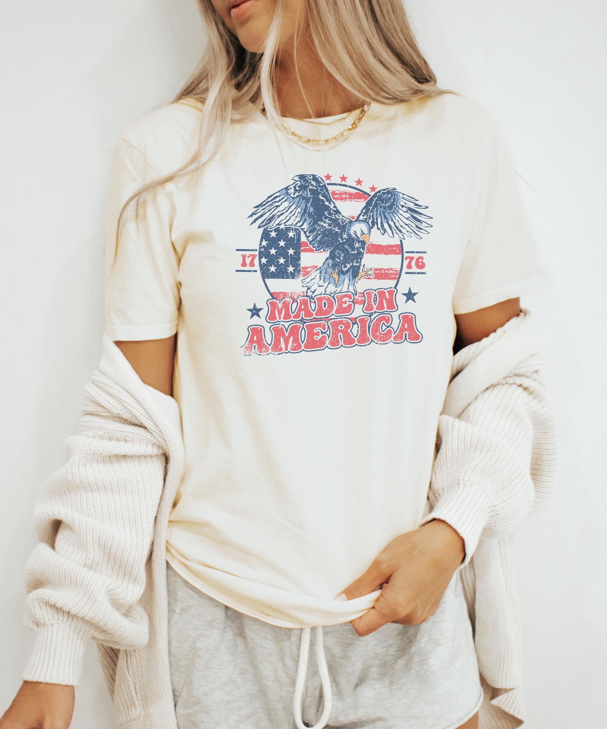 Kids and toddler sizes of the Made In America 1776 matching patriotic shirt in natural