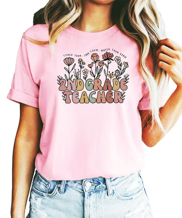 2nd Grade Teacher Shirt for Women Floral Teach Them Love Them Watch Them Grow Educator Tee Peach Shirt Adult Large
