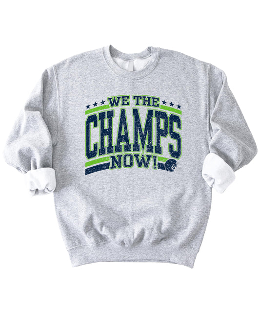 Olive Loves Apple We The Champs Now Graphic Sweatshirt for Men, Women & Kids - Navy & Green Team Football Fan Pullover