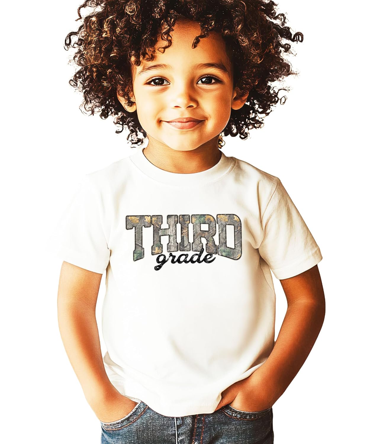 Third grade camo shirts in Natural, Pink, and Military Green laid flat — Olive Loves Apple