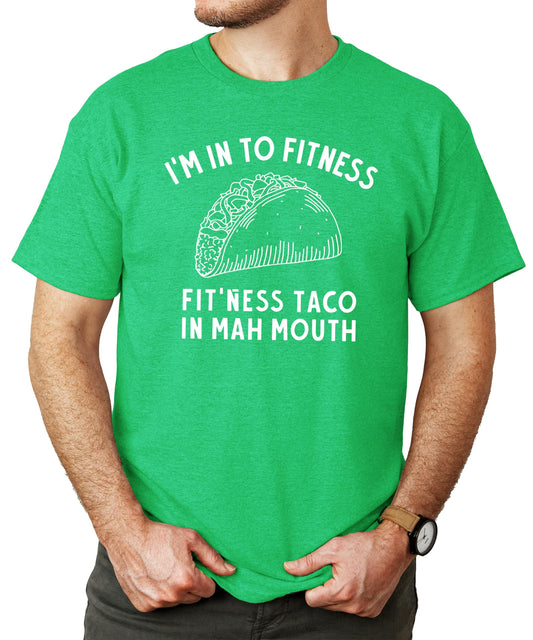 Close-up of taco fitness humor graphic print on men's casual blue t-shirt