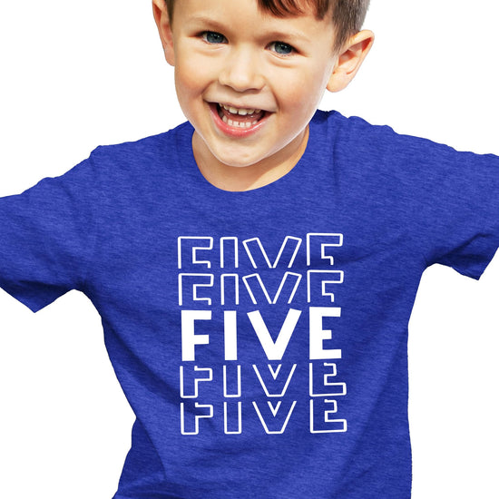 Flat lay of kids 5th birthday tee and raglan options in military green with white graphic