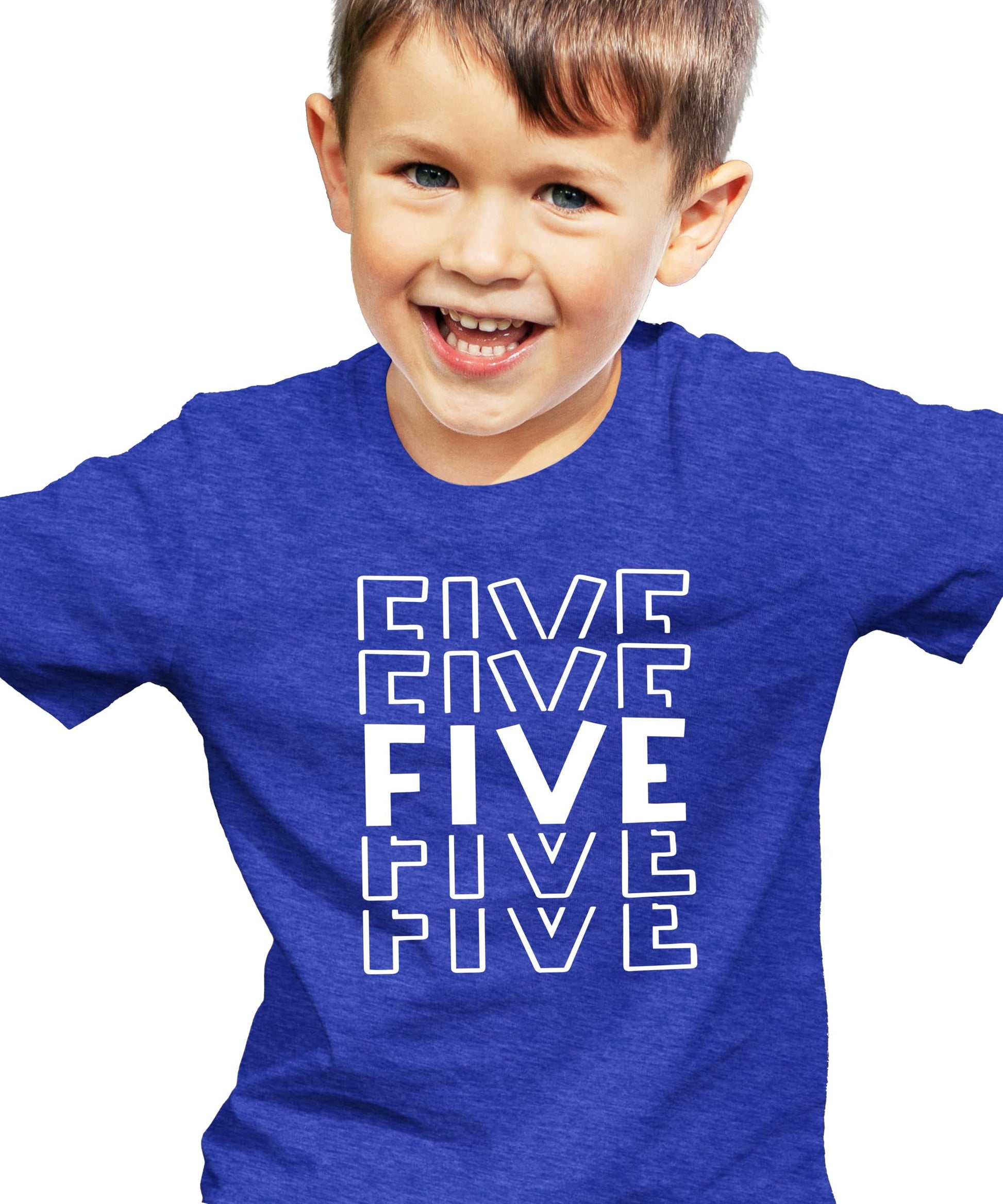 Flat lay of kids 5th birthday tee and raglan options in military green with white graphic