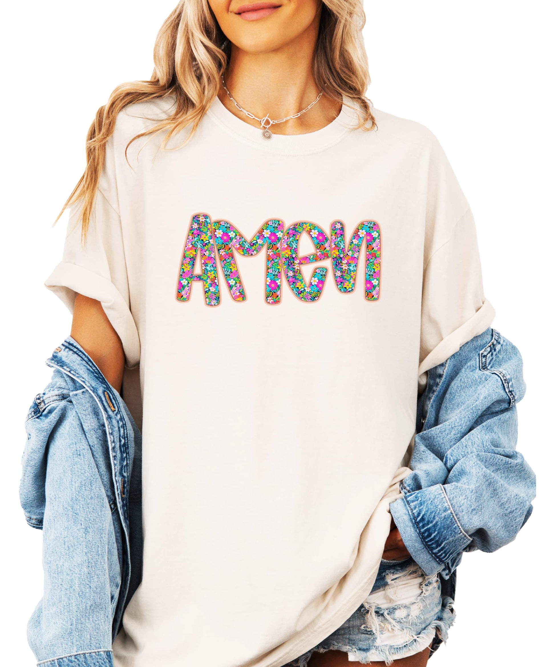 Lifestyle flat lay of women's floral Amen Easter tee showing full graphic and shirt style