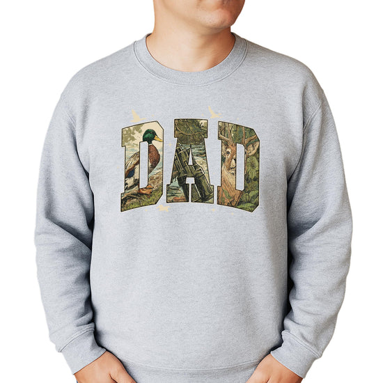 Side view of gray hunting season pullover sweatshirt with retro camo print